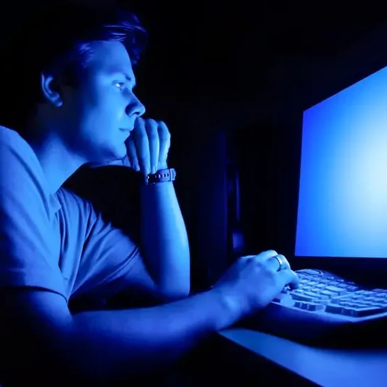 man staring at computer screen with a blue light