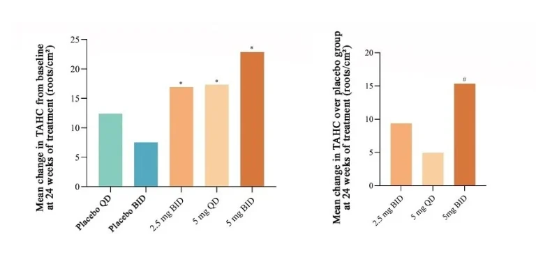 Results of kintor phase 2 trials of pyrilutamide showing an increase compared to the baseline after 24 weeks