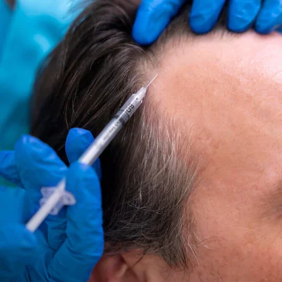 Close up injecting platelet rich plasma (PRP) as an FDA approved treatments for hair loss