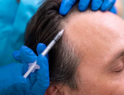 Close up injecting platelet rich plasma (PRP) as an FDA approved treatments for hair loss