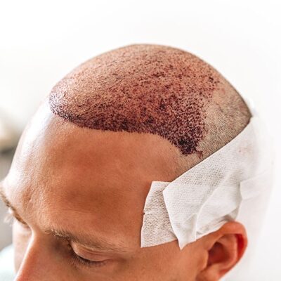 close up of scalp after hair transplant surgery