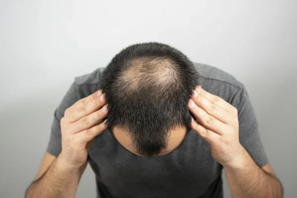 Man exposes top of head to show androgenetic alopecia (male pattern baldness or MPB)